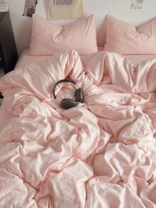 Blue And White Color-Block Washed Polyester Fiber Skin-Friendly 3 PiecesDuvet Cover Set - Baby Pink - View 4