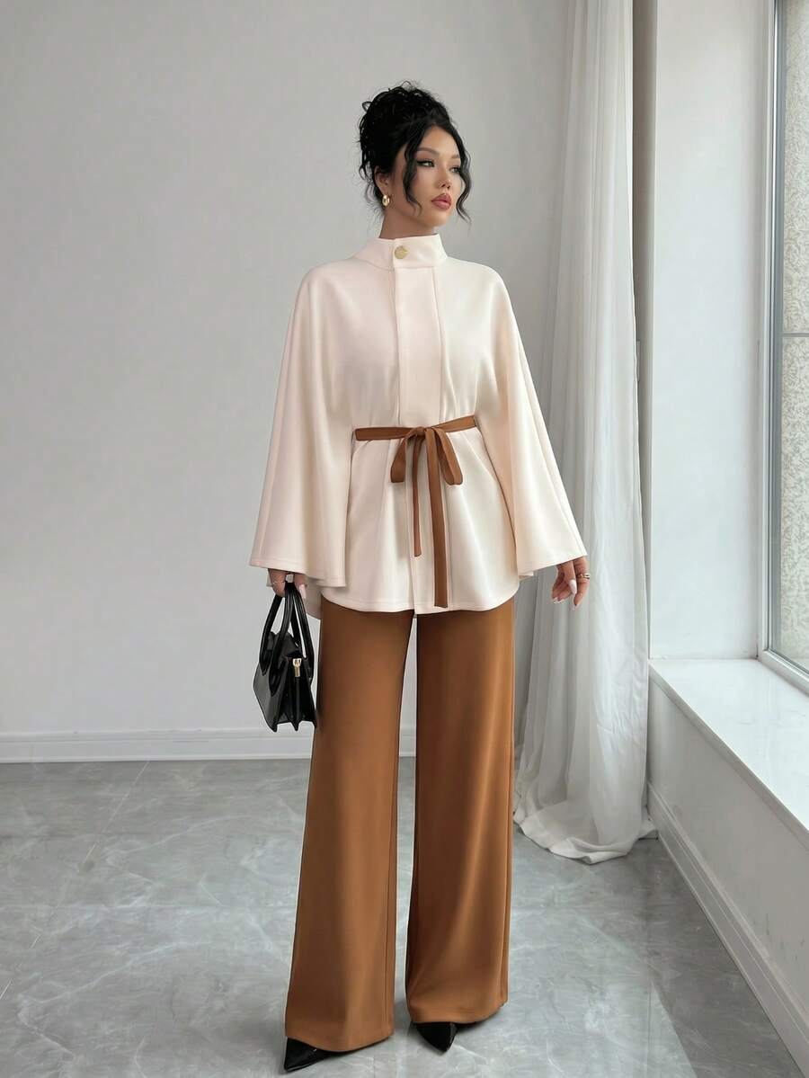 Elegant Women's Long Cloak Sleeve Cape With Stand Collar And Bow Detail, Fashionable Woven Fabric Overcoat For Fall - 上杏色+下棕色12970 - 查看 1