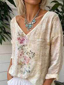 Women's Casual Floral Print V-Neck Loose Blouse, Suitable For Spring And Autumn Vacation - Multicolor - View 3