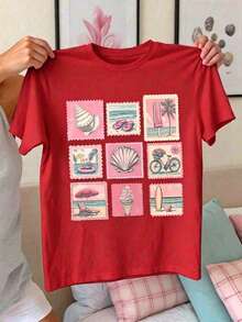 Summer New Style  T-Shirt With Sleeves Retro Stamps, Seashell Ice Cream, Surfing Board. Printed Casual Plus-Size T-Shirt. A Gift For Friends, Parents. - 紅色 - 查看 1