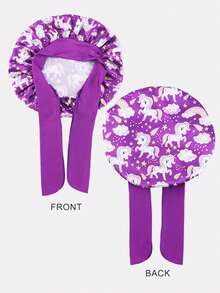 2 piezas Gorros de pelo redondos de satén con cinta elástica estampada para niños, adecuados para uso diario - JDKB-21E Unicornio morado fresa/morado oscuro - Ver 3