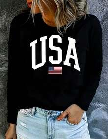 Women's USA Flag Long Sleeve Tee, Patriotic Crewneck Top, Loose Soft Fit, 4th Of July Outfit, US Pride Minimalist American Casual Everyday Apparel - 黑色 - 查看 1
