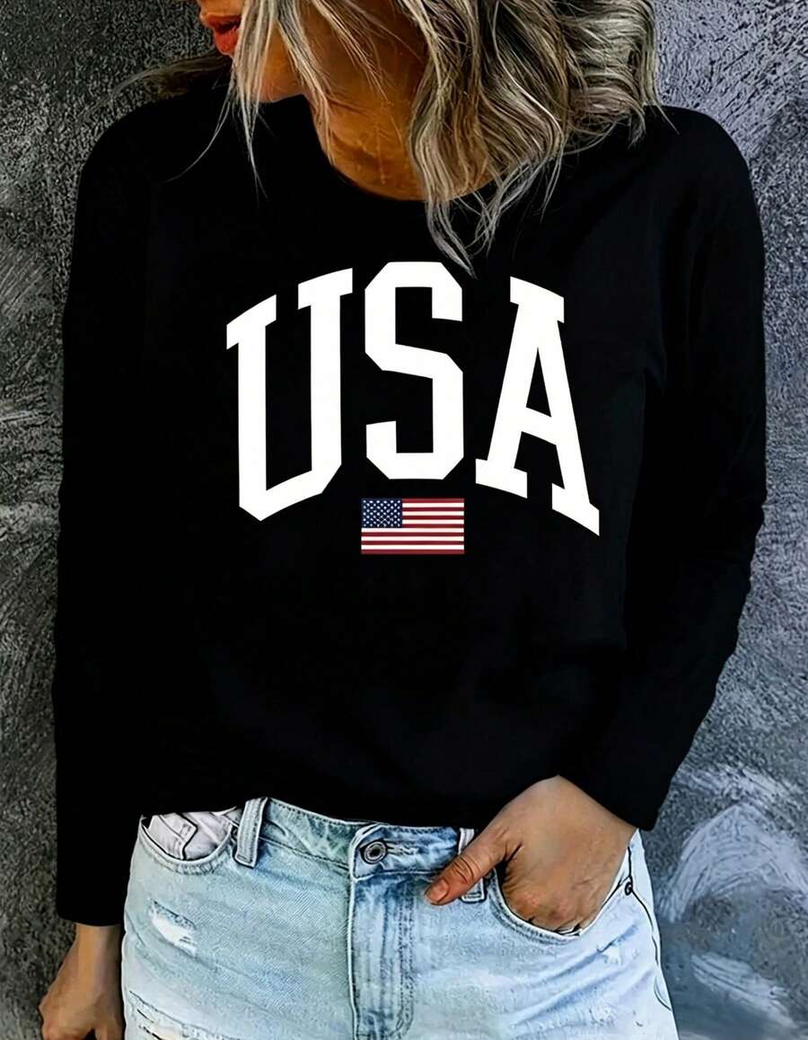Women's USA Flag Long Sleeve Tee, Patriotic Crewneck Top, Loose Soft Fit, 4th Of July Outfit, US Pride Minimalist American Casual Everyday Apparel - 黑色 - 查看 1