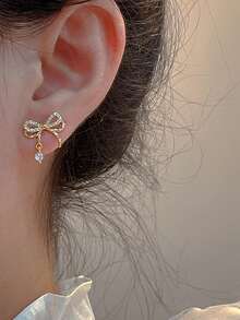 Rhinestone Bow Decor Earrings - Yellow Gold - View 3