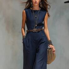 Elegant Sleeveless Round Neck Jumpsuit With Belt & Wide Leg, Casual Vestidos Elegantes For Everyday Wear - 白色 - 查看 9