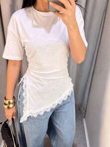 Camiseta de mujer de punto de unicolor con encaje en contraste, asimétrica/asimétrica, adecuada para el hogar, uso diario, vuelta al colegio, fiesta, casual de primavera/verano en color negr - Blanco - Ver 5