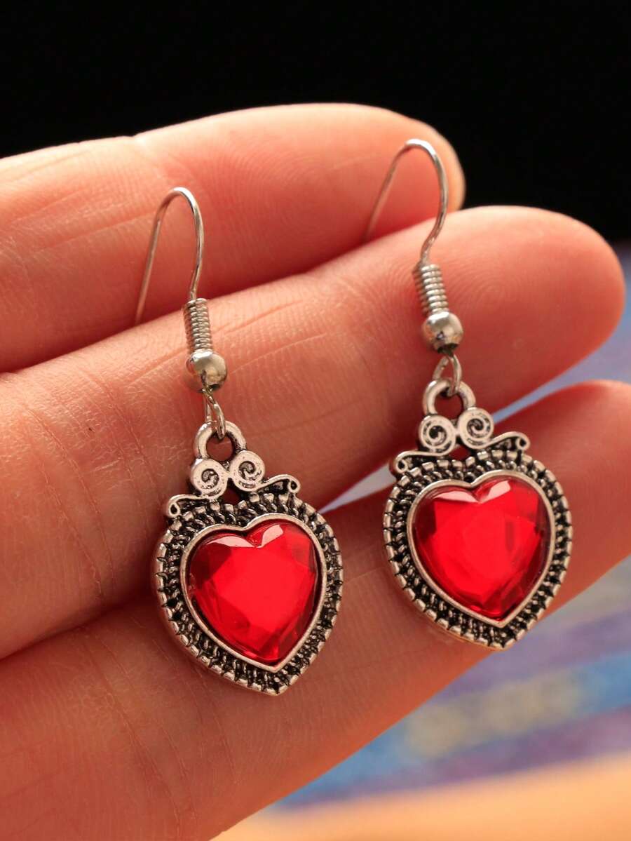 Fashionable Retro Red Heart-Shaped Earrings, 1 Pair - Red - View 1