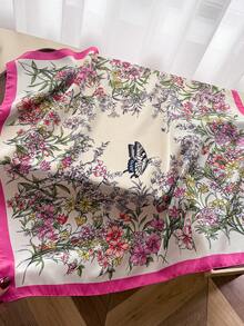 1 pieza Pañuelo vintage con estampado floral de mariposa, chal fino de protección solar, pañuelo para la cabeza de mujer, pañuelo cuadrado de seda sintética, pañuelo para bolso, envoltura para la cabeza, cinta para bolso - Rosa Fucsia - Ver 2