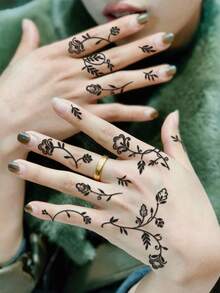 1 Pieza De Pegatina De Tatuaje De Flor Para La Mano Pegatina De Tatuaje Temporal Lavable De PVC Desechable Resistente Al Agua Y Al Sudor Para Manos Y Pies Sin Reflejo Adecuada Para Hipsters Uso Diario Se Puede Mantener De 1-3 Días - Negro - Ver 4