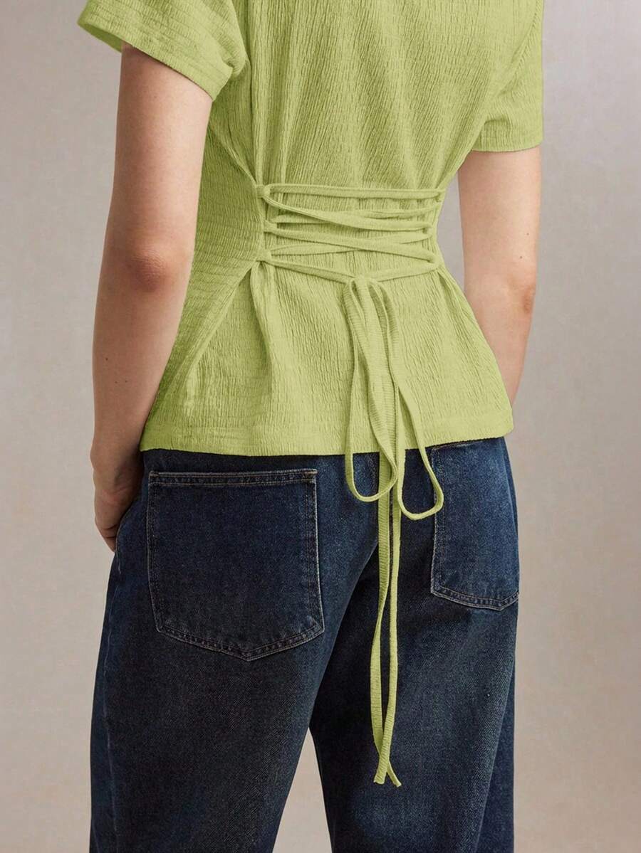 Nuevo suéter de cuello barco color café para el verano, textura de punto, cintura ajustable, lazo decorativo, adecuado para trabajo de oficina, eventos formales, festivales de junio - Verde - Ver 1