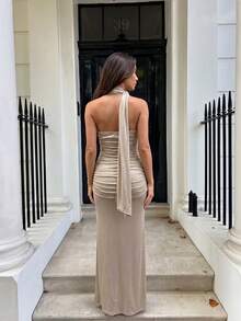 Glazenia Khaki Summer New Elegant Halter Neck Ruffle Backless Fitted Maxi Dress, Sexy Party Evening Date Casual Beach Vacation - Khaki - View 2