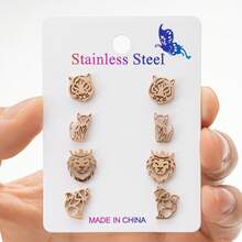 4 pares/set, pendientes de botón de acero inoxidable con cabeza de tigre, león, zorro, de moda, adecuados para hombres y mujeres, bodas y regalos - ZH006 - Ver 5
