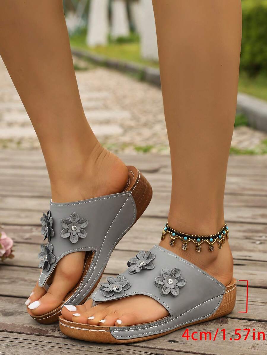 Cross-Border Women's Plus Size Closed-Toe Colorblock Thick Sole Single Strap Sandals Vacation Style Summer Wedge Satin High Heels - Grey - View 1
