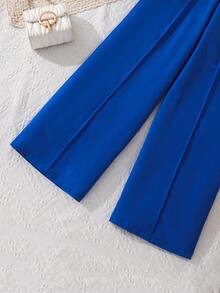 Left Mama Set de 2 piezas de top de manga corta con cuello cuadrado impreso y pantalones de pierna ancha casual para niñas, verano - Azul - Ver 7
