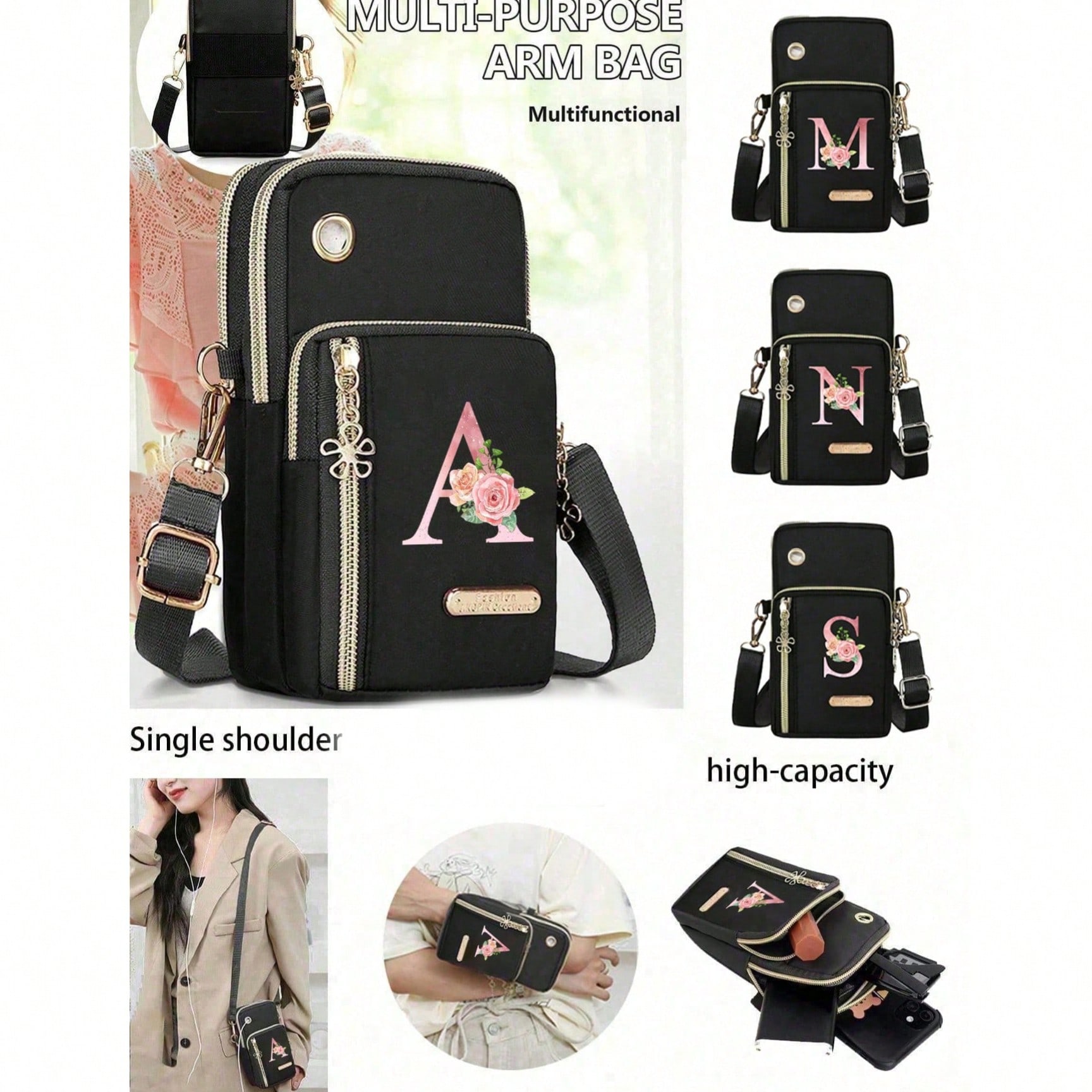 Bolsa para teléfono de mujer, Mono con letra A-Z en degradado de oro rosa, Monedero vertical de mujer, Brazalete deportivo y muñequera para correr,