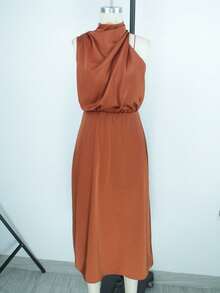 Vestido midi de satén sin mangas para mujer, moda europea y americana talla grande vendida, diseño elegante y versátil, vestido de noche para fiesta de verano - Negro mate - Ver 5