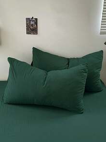 Blue And White Color Block Washed Polyester Fiber Skin-Friendly 3 PiecesDuvet Cover Set - Dark Green - View 6