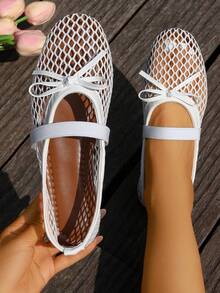 [Qishangda]Brand Shoes Round Toe Microfiber Mesh Breathable Shoes Flat Large Size Women's Shoes Woven Mesh Mary Jane Sandals Women's Fashion Flat Hollow Shoes - White - View 2