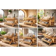 2-Tier Folding Bamboo Dish Drying Rack With Utensil Holder, Kitchen Counter Organizer - L - View 4