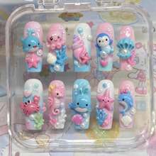 Handmade Nails Press On,Hard And Durable Nail Art,Handmade Kawaii Dessert Press On Nails | Shopkins-Inspired Characters, Chocolate, Donut & Ice Cream | Long Coffin Nails For Cute Sweet Vibes Summer Nail Art / Applicable To 899 Regions - 玫紅色 - 查看 10