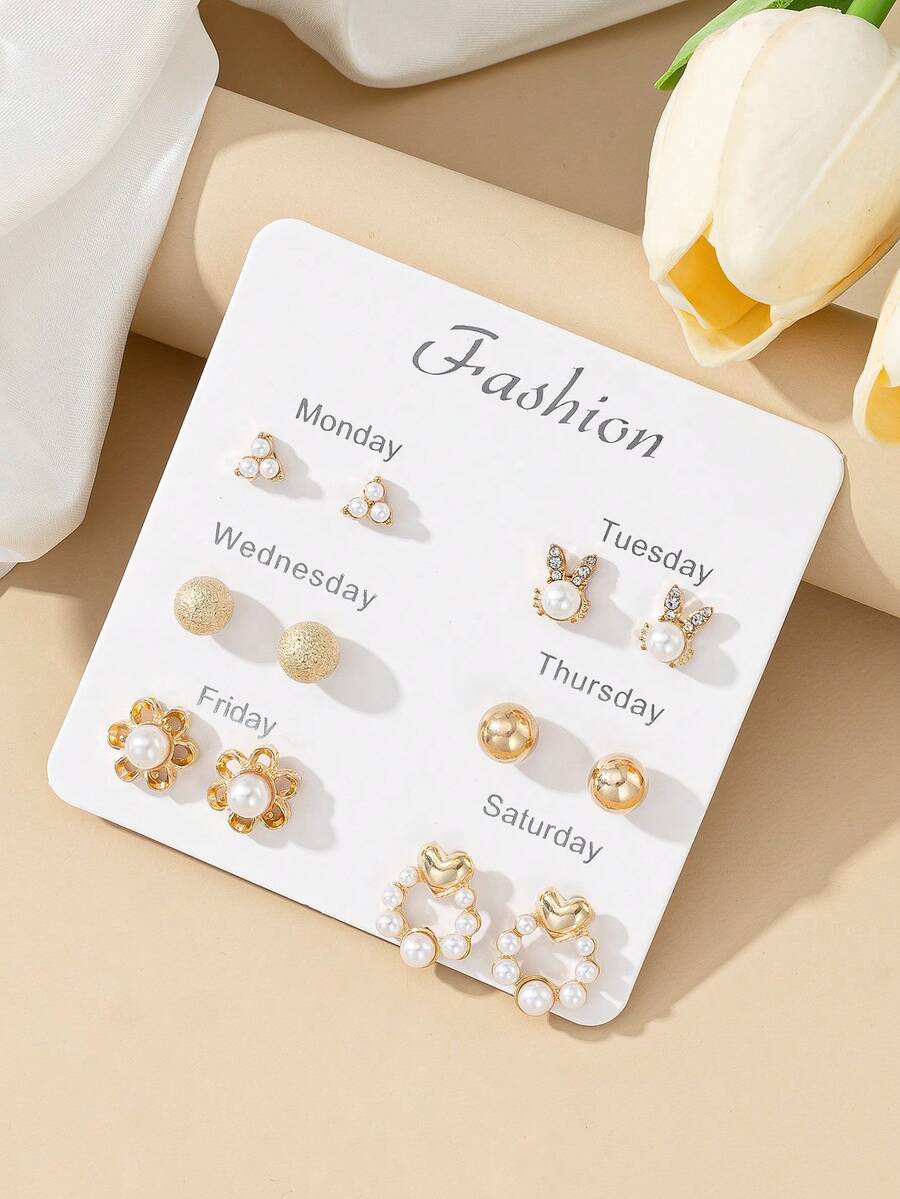 6 Pairs Cute Fashionable Shiny Rabbit & Flower Combination Earrings For Women, Suitable For Dating And Outings, Non-Repeating Exquisite Stud Earrings - Yellow Gold - View 1