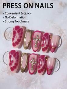24pcs Long Almond Shape 3D Gel French Design Press-On Nails, Fake Nails Set, Includes: 1pc Jelly Glue And 1pc Nail File, Almond Nails - Multicolor - View 3