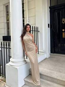 Glazenia Khaki Summer New Elegant Halter Neck Ruffle Backless Fitted Maxi Dress, Sexy Party Evening Date Casual Beach Vacation - Khaki - View 4