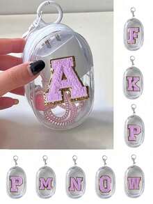 Portable Mini Transparent Zipper Storage Bag, Purple Towel Fabric Embroidered Letter A-Z, Compact Multi-Purpose Storage Bag, Earphone & Charger Storage Box With Keychain, Transparent Travel Accessories, Exquisite And Compact, Suitable For Storing Small Items, Cable Storage Bag, Bracelet Pouch - White - View 1