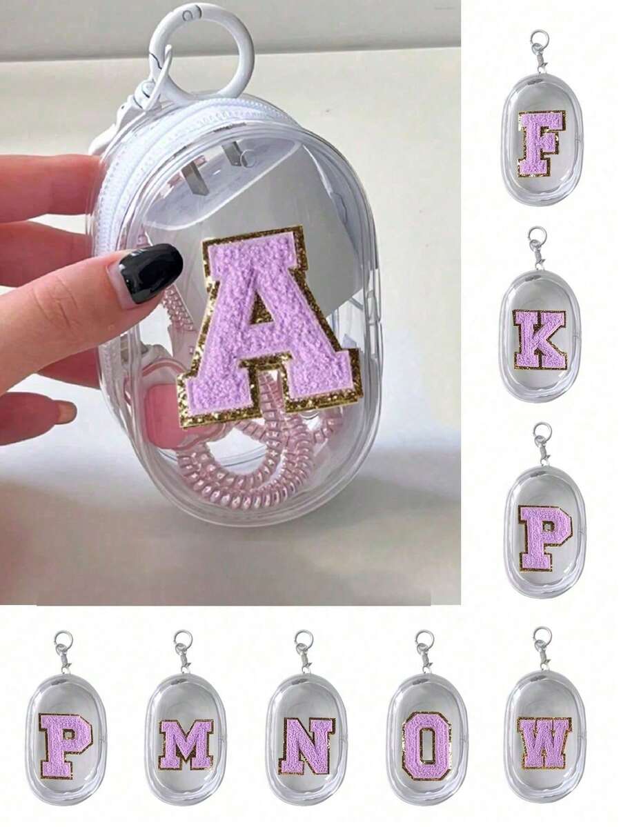 Portable Mini Transparent Zipper Storage Bag, Purple Towel Fabric Embroidered Letter A-Z, Compact Multi-Purpose Storage Bag, Earphone & Charger Storage Box With Keychain, Transparent Travel Accessories, Exquisite And Compact, Suitable For Storing Small Items, Cable Storage Bag, Bracelet Pouch - White - View 1
