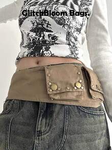 Sac de taille rétro Y2K style mode japonaise & coréenne pour femme, ceinture porte-cartes à sangle multi-œillets, accessoire de taille pour styliser la tenue, pochette de taille carrée streetwear pour pièces et écouteurs - Kaki - Voir 1