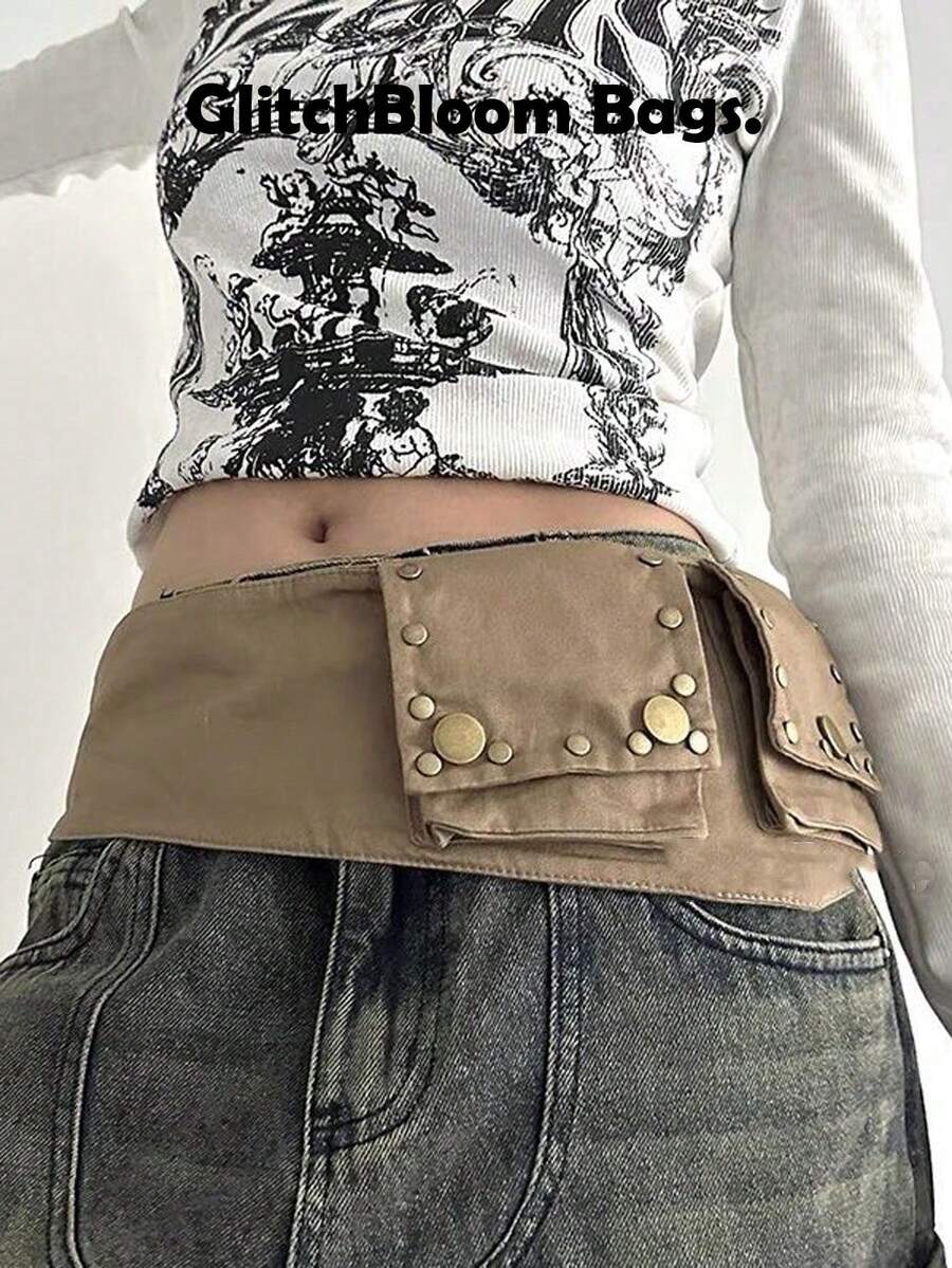 Sac de taille rétro Y2K style mode japonaise & coréenne pour femme, ceinture porte-cartes à sangle multi-œillets, accessoire de taille pour styliser la tenue, pochette de taille carrée streetwear pour pièces et écouteurs - Kaki - Voir 1