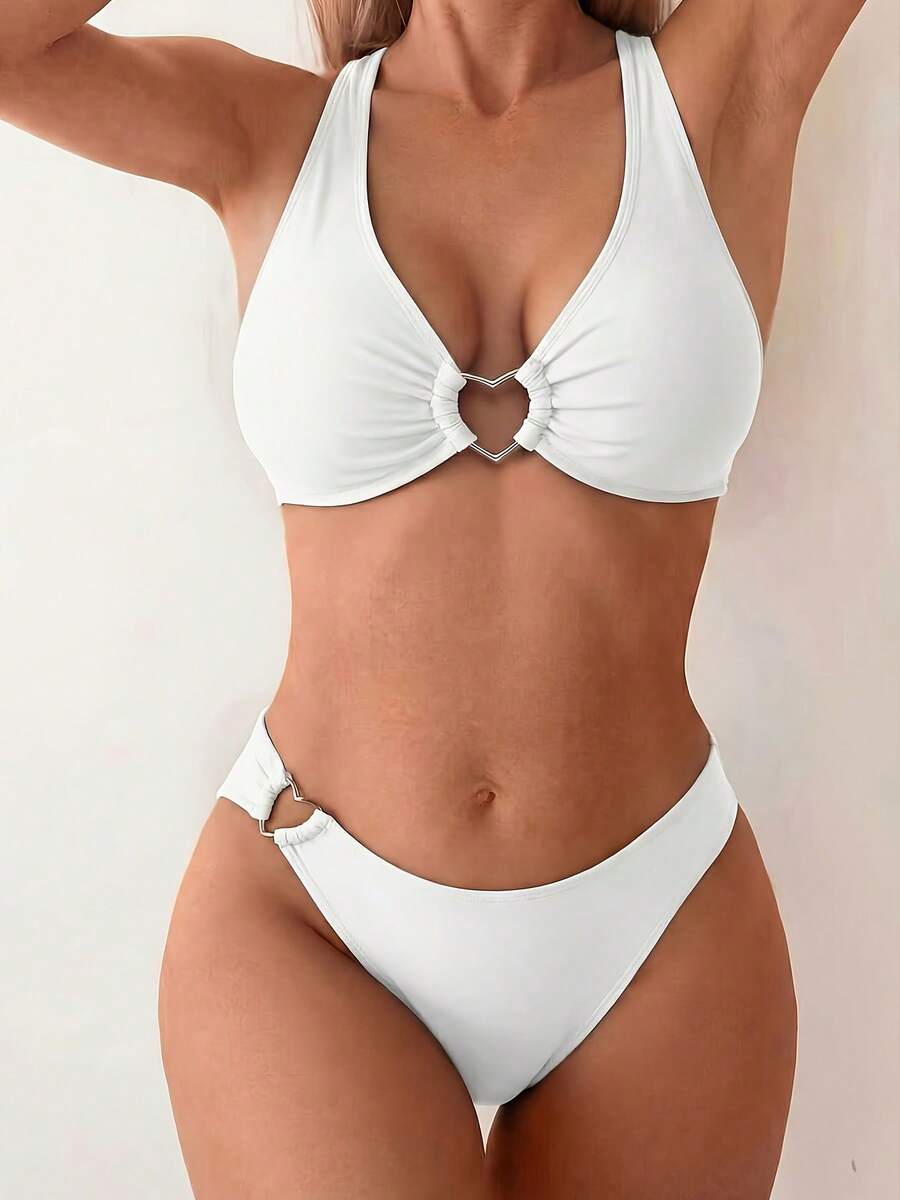 New 2026 Model: Women's Heart-Shaped Neck Tie Bikini Set - Putih - View 1