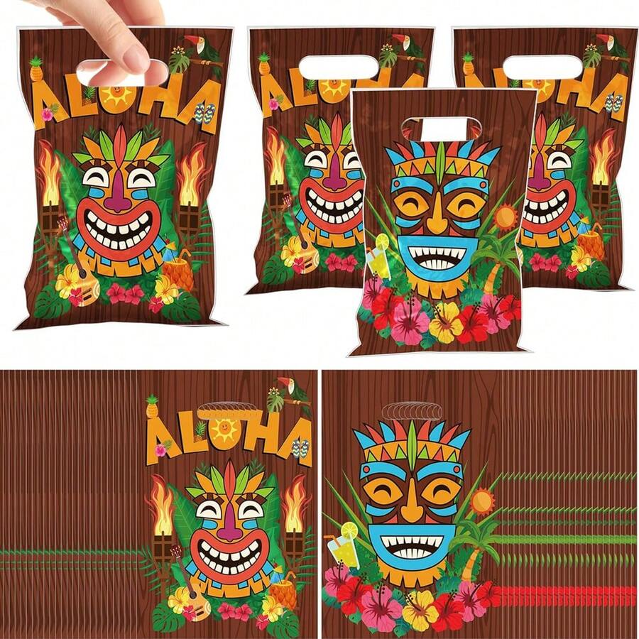10個夏威夷 Aloha 派對禮品袋 Tiki Luau 派對禮物袋，附手把，適用於夏威夷生日派對裝飾、夏季海灘派對用品 - 彩色 - 查看 1