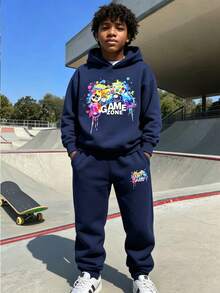 Conjunto de sudadera con capucha y pantalones de chándal con estampado gráfico de videojuegos para niño preadolescente - azul real - Ver 1