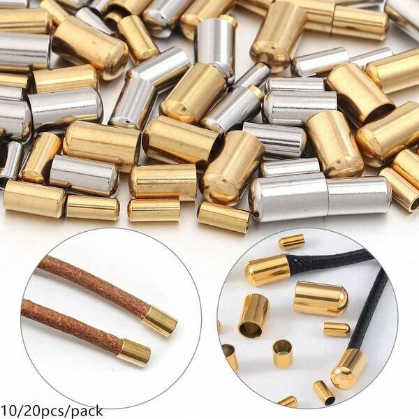 10/20pcs/Pack Stainless Steel Single Hole Leather Cord End Caps, Cylindrical Clothing & Jewelry Making Accessories, 2-5mm Anti-Allergy Round Bottom End Caps For Bracelets, Necklaces, Shoelaces, Belts
