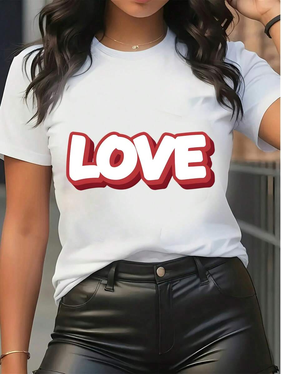 Women's Pure Cotton Short Sleeve T-Shirt Casual Summer Graphic Love Print Basic Tee Top - White - View 1