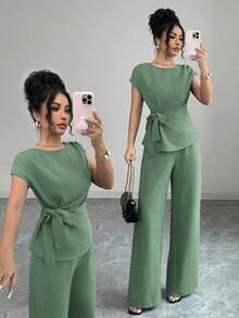 en la cintura y diseño suelto de pierna ancha con bolsillos en la cintura para mujer, elegante y casual para ir al trabajo - Verde - Ver 1
