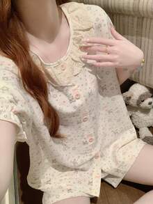 2pcs/Set Women's Pajama Homewear Set, Cute Animal Print Open Front Lace Collar Short Sleeve Simple Casual Shorts, Suitable For Spring And Summer, Can Be Worn Outdoors - White - View 9