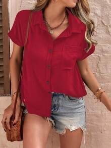 Camisa de manga corta de color liso informal, vacaciones de verano - Rojo - Ver 1