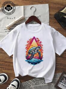 Unisex Pure Cotton Short Sleeve T-Shirt Tropical Turtle Graphic Print Casual O-Neck Loose Fit Summer Top - Bianco - Visualizzare 6