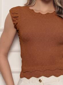 ONLYONE - Modal Cropped Blouse With Japanese Sleeves And Wave Detail At The Hem - Women's Blouses, Knit Blouses - 駝色 - 查看 5