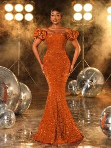Faeriesty Đầm đuôi cá đính sequin thanh lịch, thiết kế trễ vai, lấp lánh sang trọng, phù hợp cho nhiều dịp khác nhau như tiệc tối trang trọng, hộp đêm lấp lánh, thảm đỏ của người nổi tiếng, tiệc tùng, trang phục dự đám cưới và các buổi tiệc trang trọng. - trái cam - Xem 6