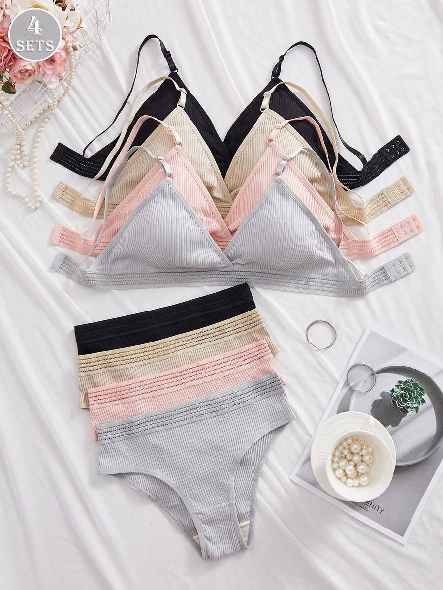 4 Sets de sujetador deportivo y ropa interior de mujer de un solo color nervado, sencillo, informal, transpirable - Multicolor 3 - Ver 1