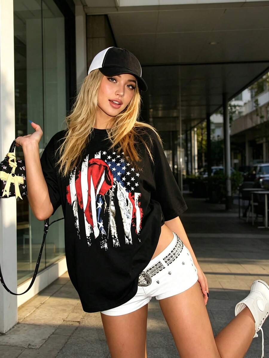 女款夏季Y2K街頭甜美美式學院風圓領T恤,抽象塗鴉美旗靈感印花,寬鬆短袖休閒針織上衣 - 黑色 - 查看 1