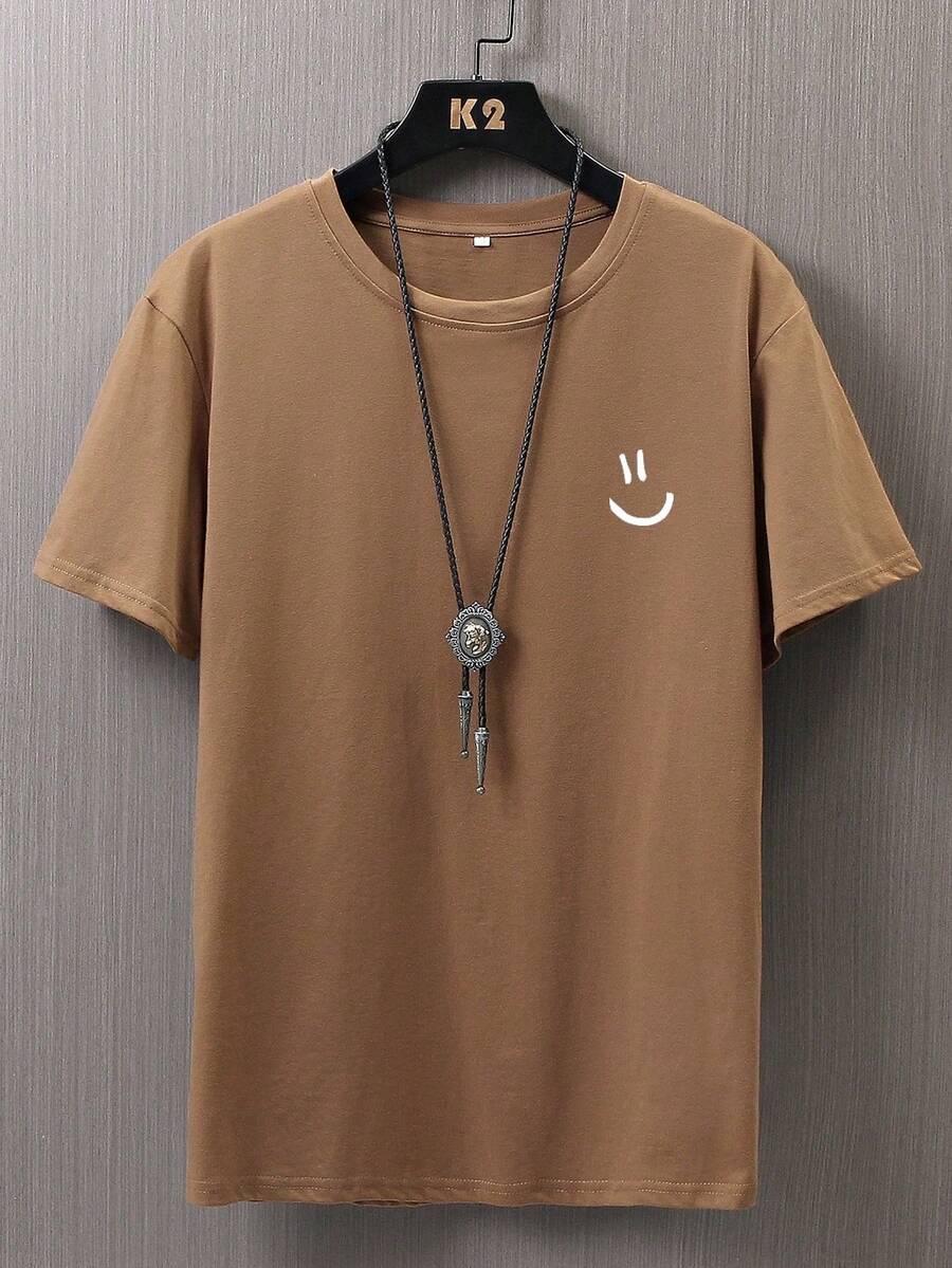 Manfinity Hypemode Hombres Camiseta de hombros caídos con estampado de expresión - Marrón - View 1