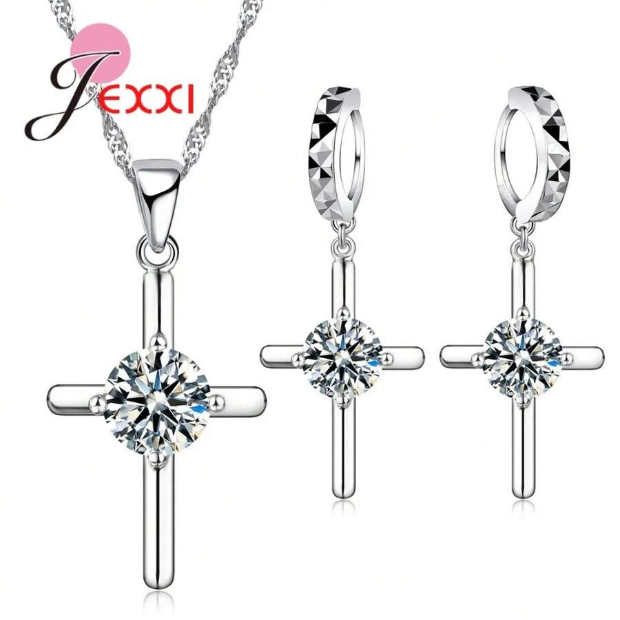 925 Sterling Silver Plating Necklace And Earring Set With Cubic Zirconia, Cross, Heart And Butterfly Design, Fashion Jewelry For Women. - 42901 - 查看 1