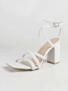 女款白色方頭露趾粗跟高跟涼鞋，派對時尚簡約約會休閒舒適百搭款 - 白色 - 查看 3