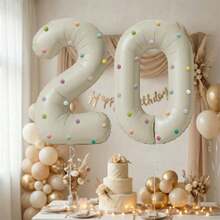 1 Set 32 Inch Cream Color Number Balloon Set With Colorful Plush Balls, Suitable For Birthday Party Decoration, Baby Shower And Various Gathering Scenes (Plush Ball Color Random) - One Size Fits All - View 2