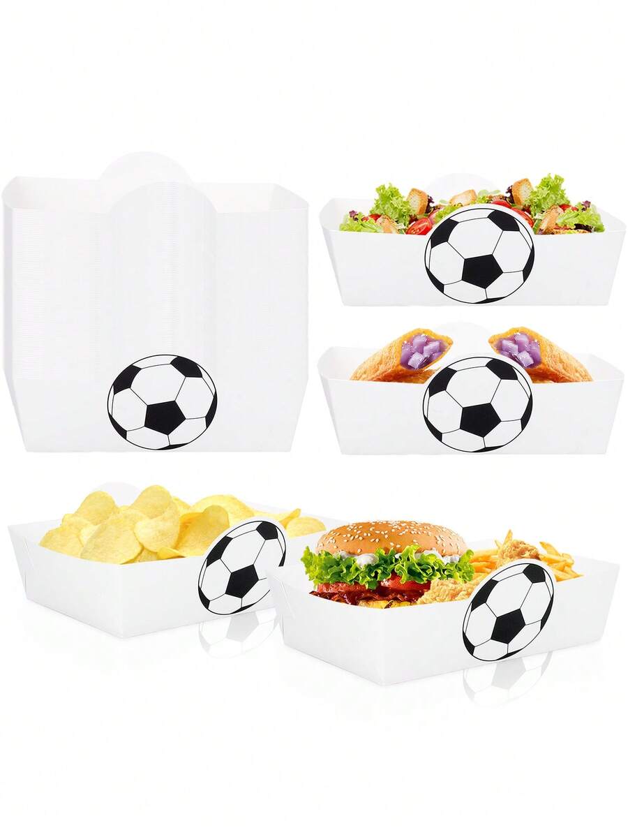 10pcs/30pcs/50pcs Soccer-Themed Party Food Trays: Disposable Paper Serving Trays And Black-And-White Soccer-Patterned Boat Boxes Ideal Paper Food Trays For Sports-Themed Parties, Birthday Party Condiment Stations, And Carnival Events. - View 1
