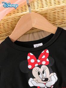 Disney Minnie Mouse Spring/Autumn Casual Dress For Baby Girls, Cute Cartoon Minnie Print Tulle Long Sleeve Dress, Versatile Daily Wear, Soft Skin-Friendly Fabric, Fashionable Playful Lady Style Baby Girl Clothing, Perfect Holiday Gift - Black - View 3